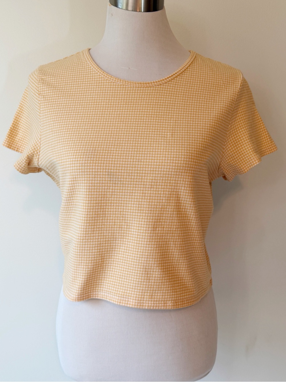 American Eagle Yellow Gingham Printed Knit Cap Sleeve Baby Tee, size Large